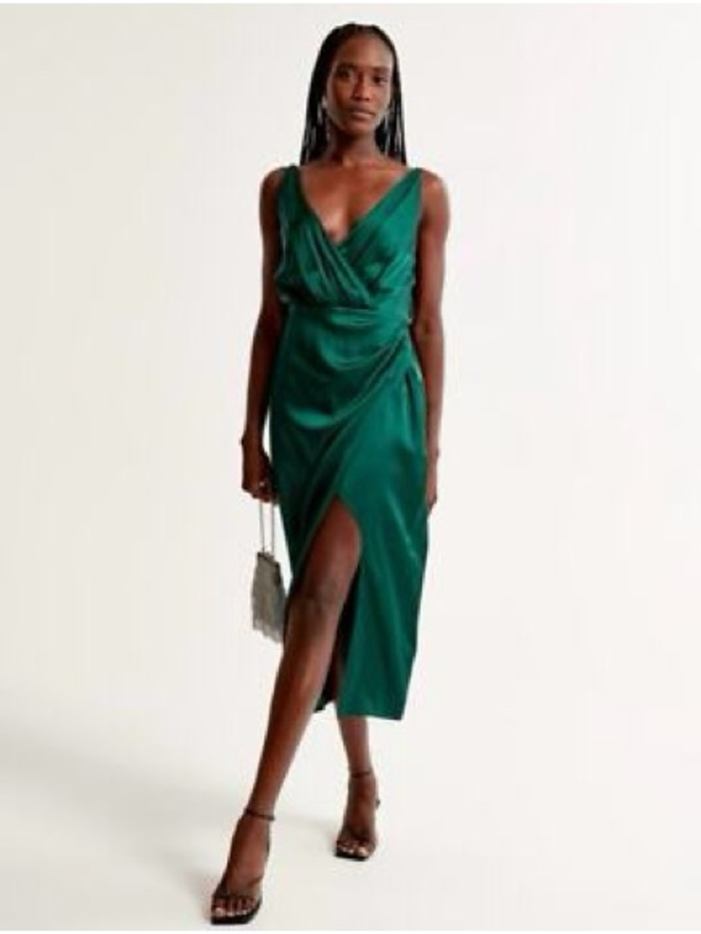 Abercrombie & Fitch Deep Emerald Satin Wrap Midi Dress